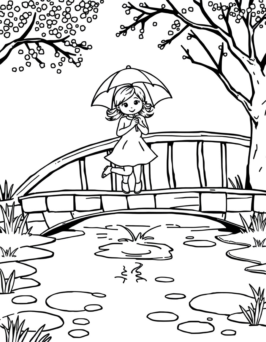 A girl jumps in puddles on a bridge holding an umbrella