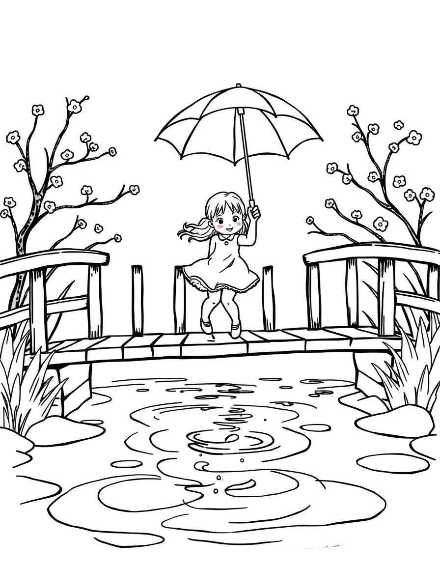 A girl jumps in puddles on a bridge holding an umbrella