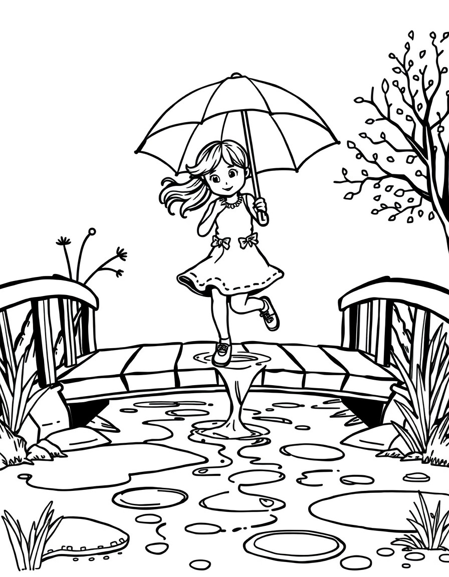 A girl jumps in puddles on a bridge holding an umbrella