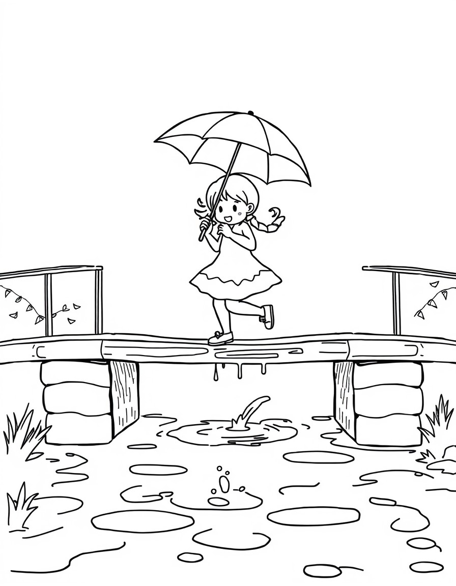 A girl jumps in puddles on a bridge holding an umbrella