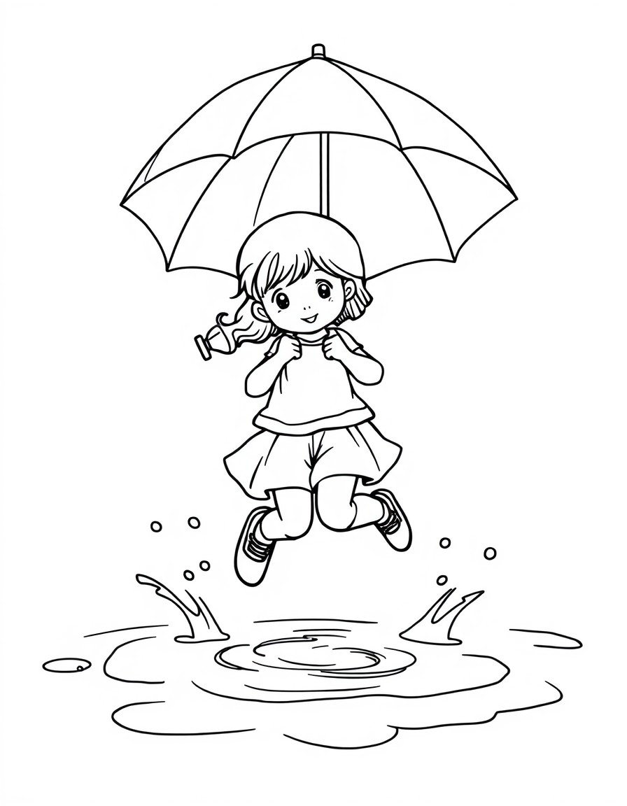 Girl jumping in puddles holding an umbrella