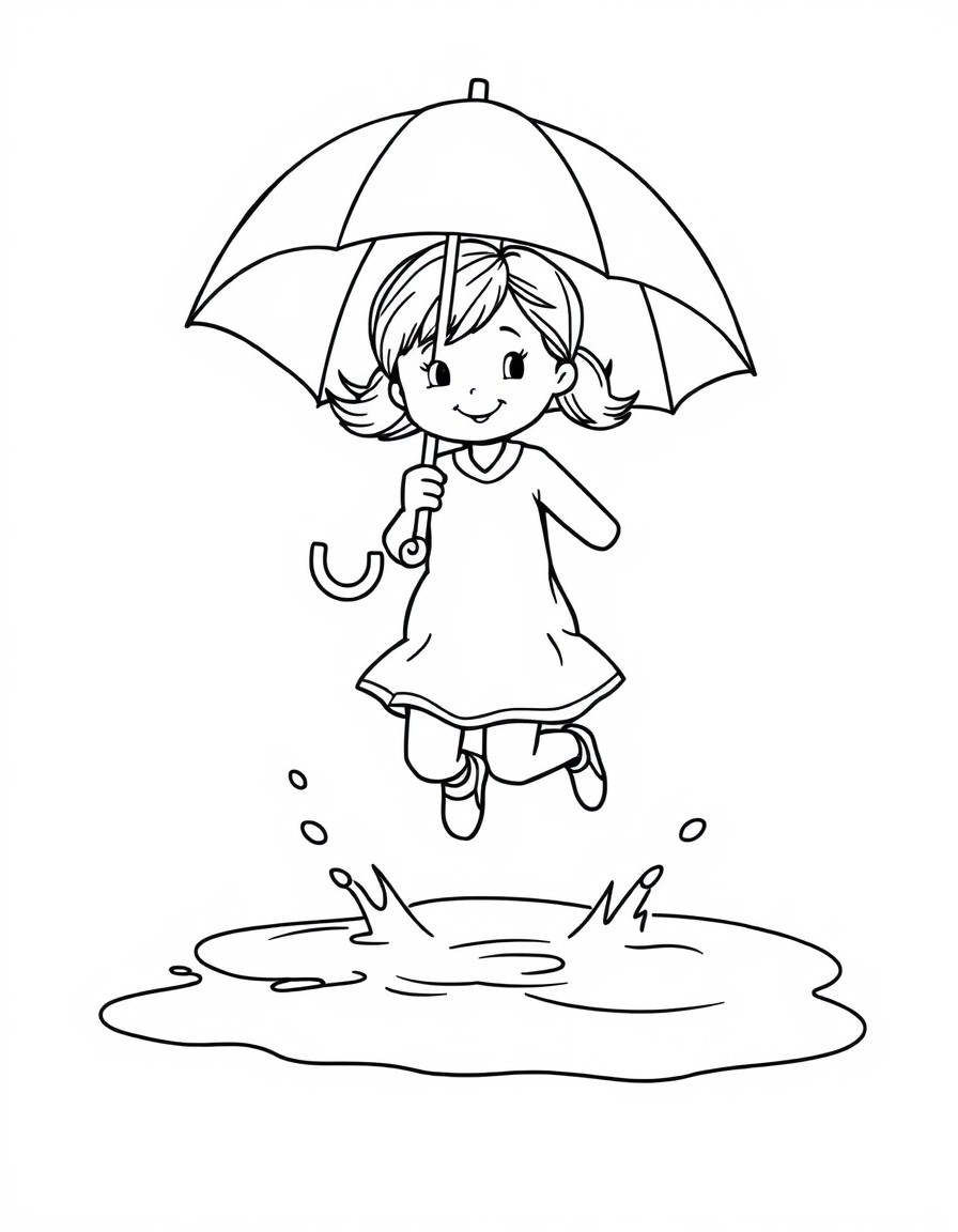 Girl jumping in puddles holding an umbrella