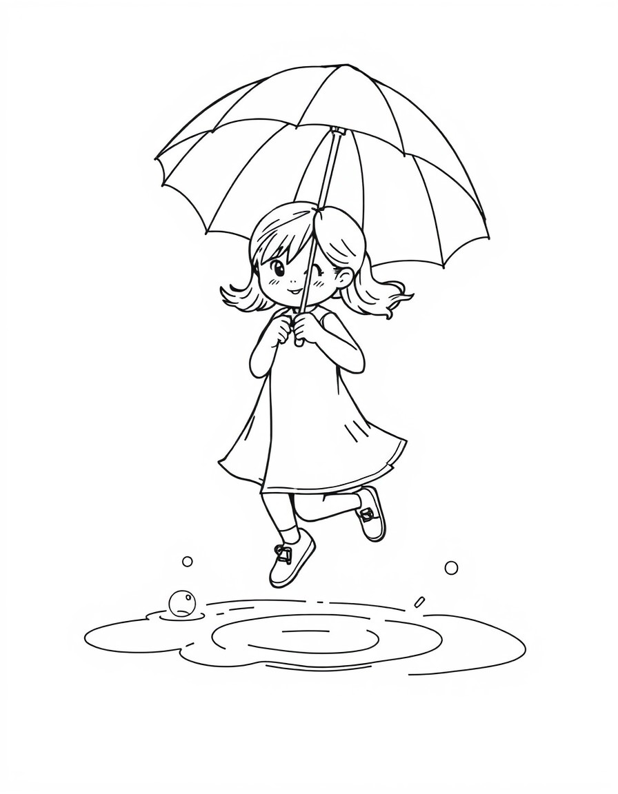 Girl jumping in puddles holding an umbrella