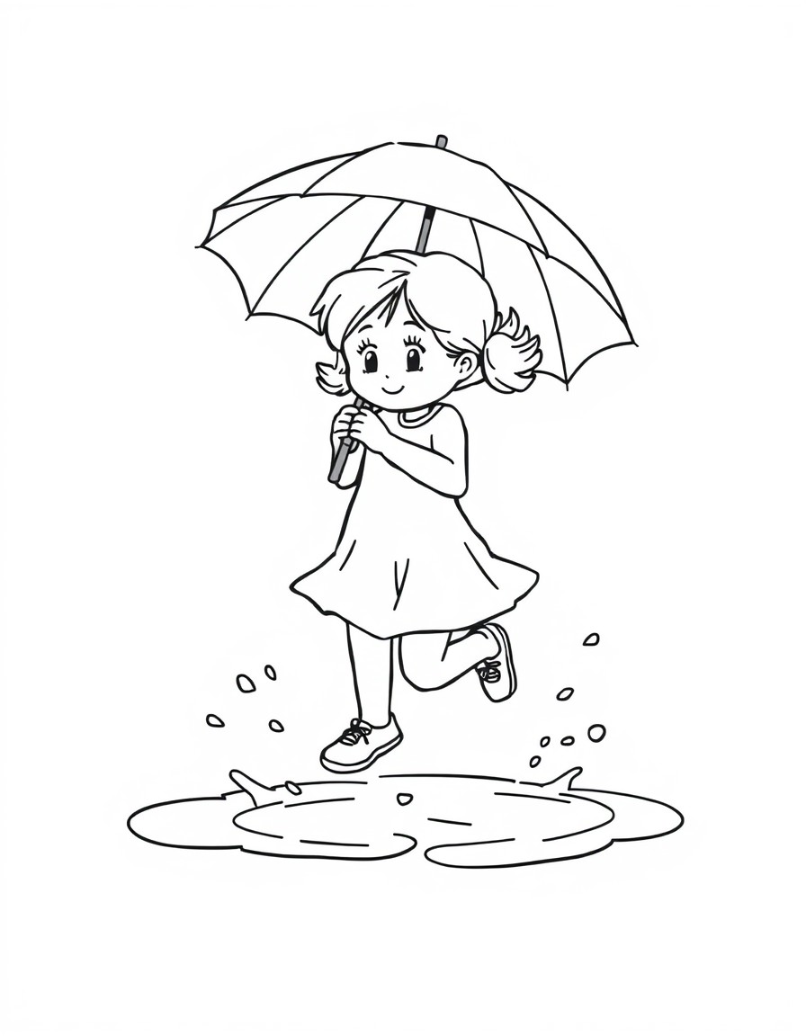 Girl jumping in puddles holding an umbrella