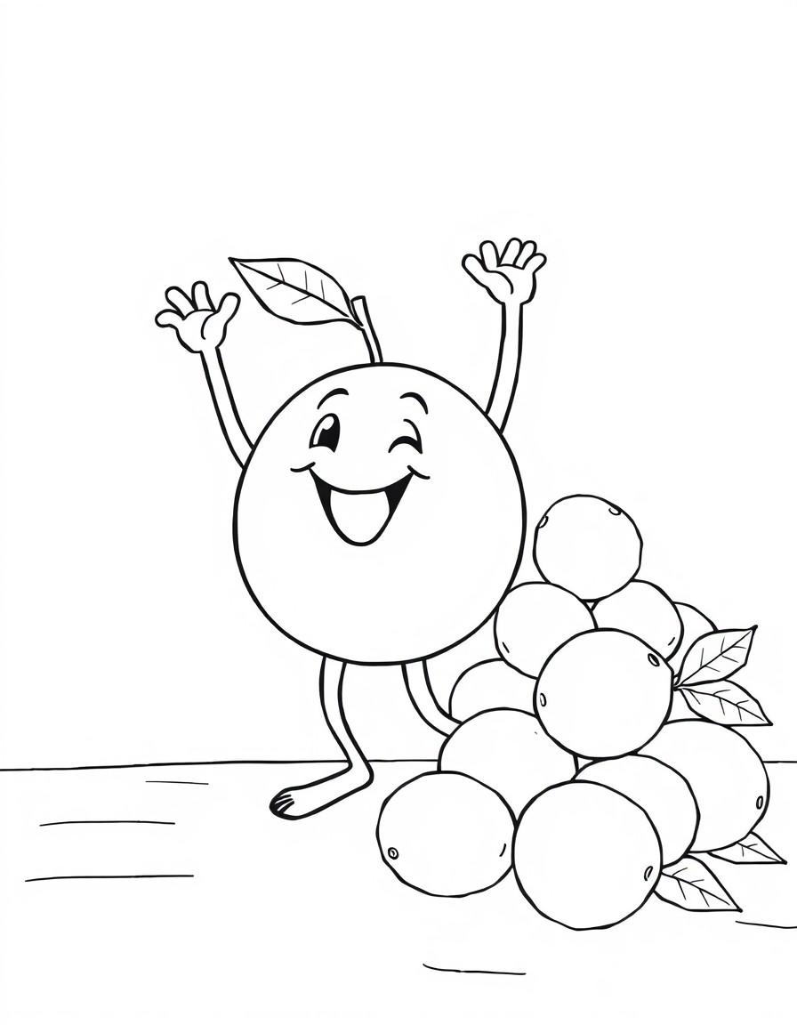 A dancing orange, waving its arms in the air, next to a pile of lemons, on a wooden table