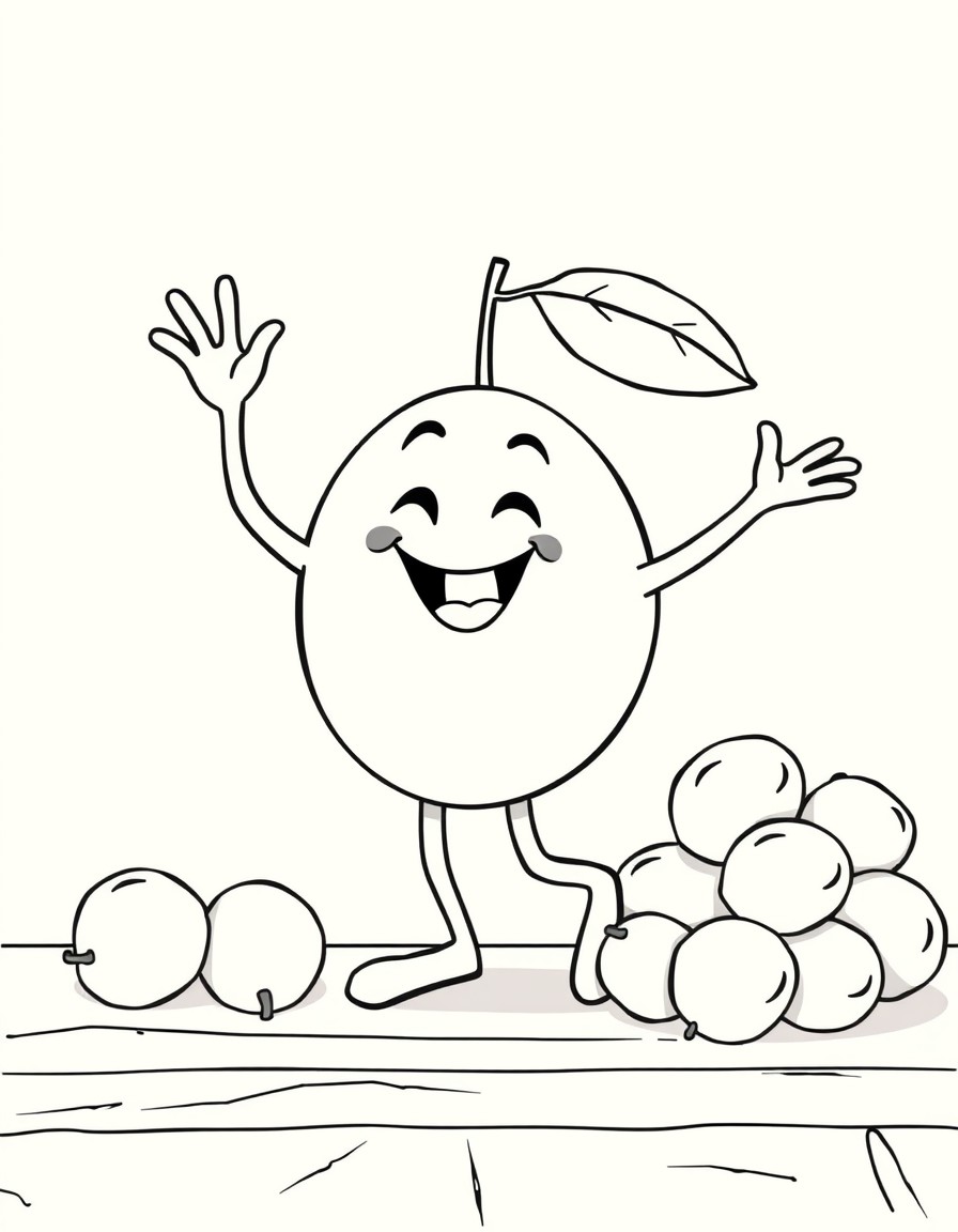 A dancing orange, waving its arms in the air, next to a pile of lemons, on a wooden table