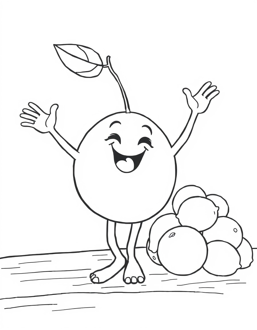 A dancing orange, waving its arms in the air, next to a pile of lemons, on a wooden table