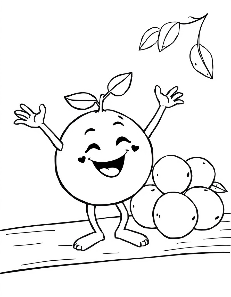 A dancing orange, waving its arms in the air, next to a pile of lemons, on a wooden table