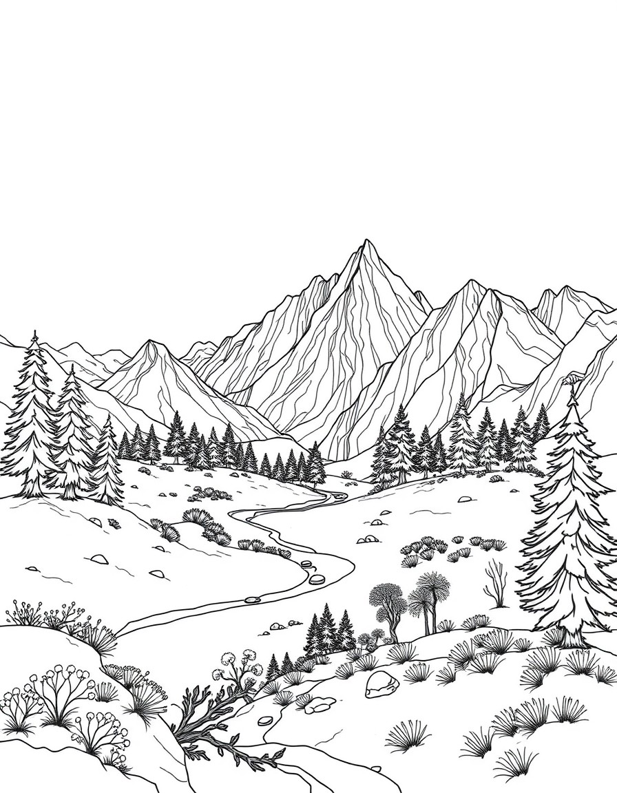 complex and realistic landscape coloring book for adult, black and white, no shadow