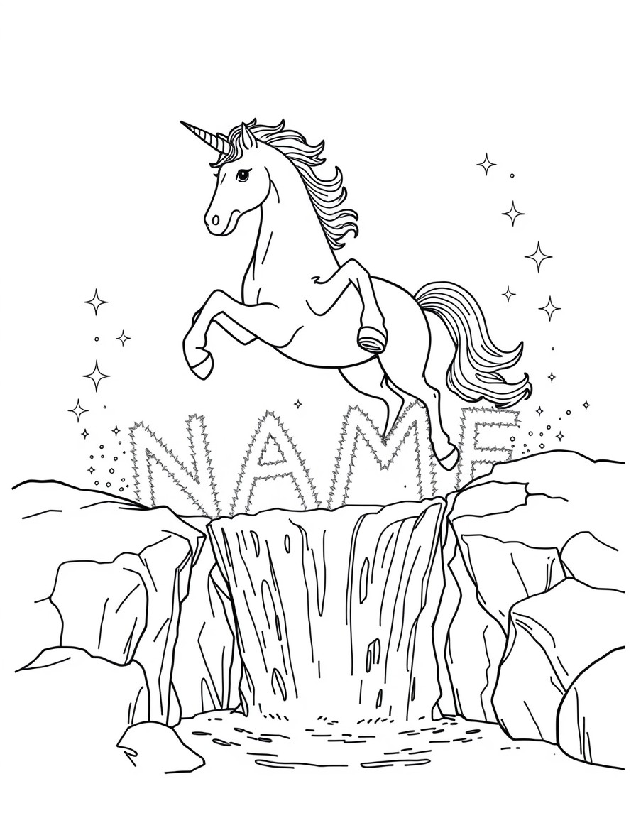 A playful unicorn leaping over a crystal-clear waterfall while sparkles form the word 'NAME' in the mist