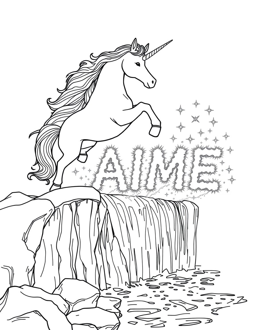 A playful unicorn leaping over a crystal-clear waterfall while sparkles form the word 'NAME' in the mist