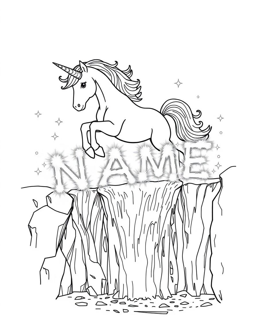 A playful unicorn leaping over a crystal-clear waterfall while sparkles form the word 'NAME' in the mist