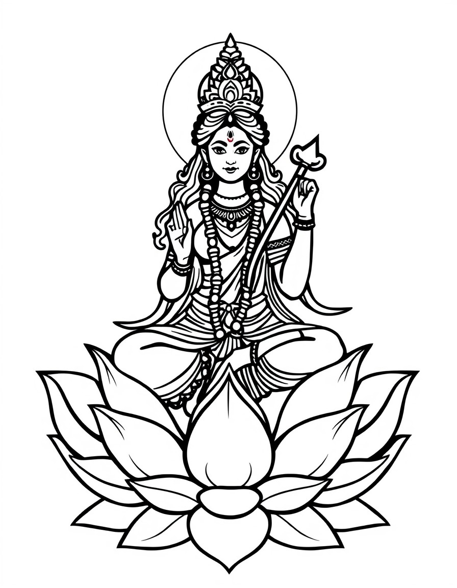 Goddess Saraswati sitting on a lotus  In Hinduism, Goddess Laxmi is often depicted sitting on a lotus flower, which symbolizes spiritual growth, beauty, and purity. The lotus is also a representation