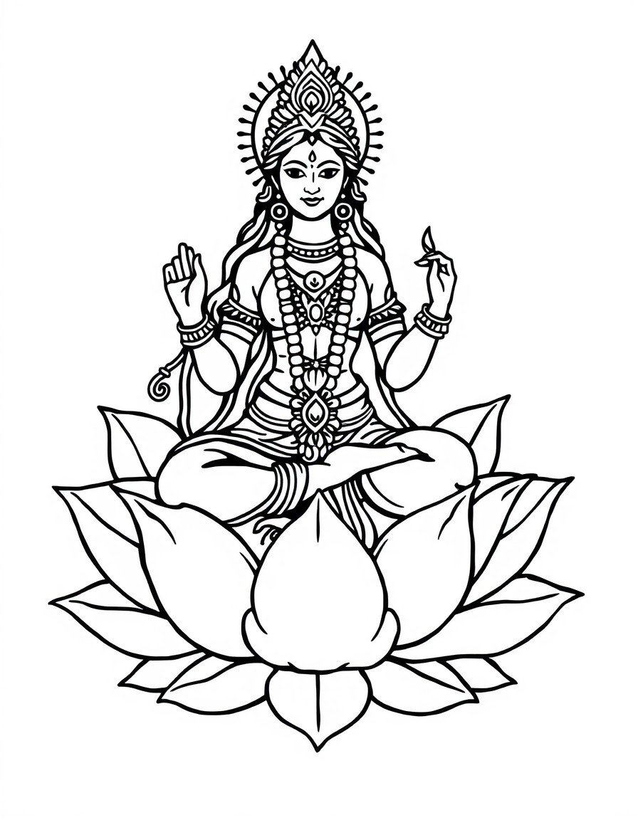 Goddess Saraswati sitting on a lotus  In Hinduism, Goddess Laxmi is often depicted sitting on a lotus flower, which symbolizes spiritual growth, beauty, and purity. The lotus is also a representation