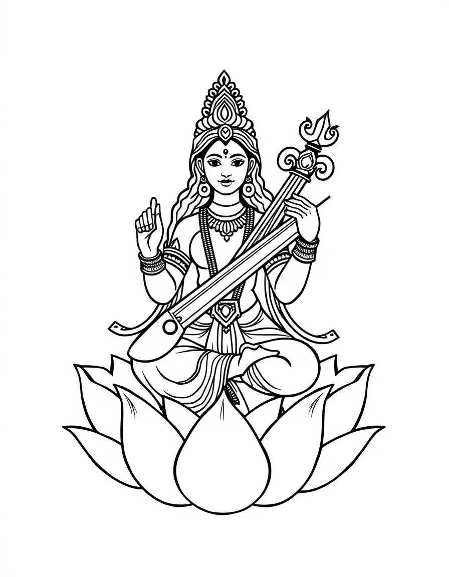 Goddess Saraswati sitting on a lotus  In Hinduism,