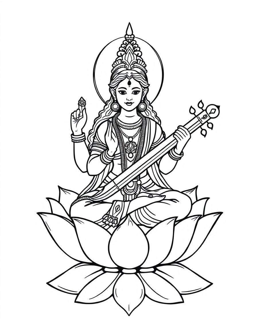 Goddess Saraswati sitting on a lotus  In Hinduism,