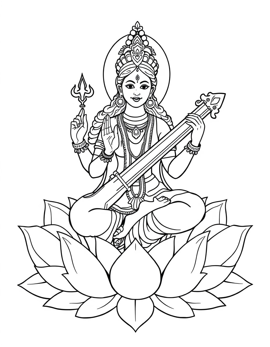 Goddess Saraswati sitting on a lotus  In Hinduism,