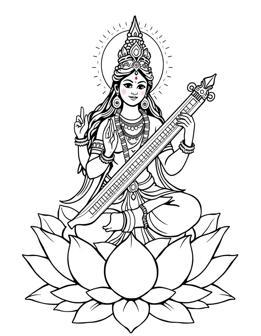 Goddess Saraswati sitting on a lotus  In Hinduism,