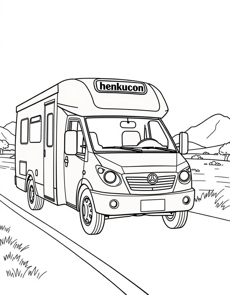 Un mnibus urbanonhecho motorhome, pintado de verde con peloteo blanco de diete de leon. Que en el frente diga "Henko". Yendo x lanruta en un paisaje hermoso y una familia de mam pap, nena de 11 aos y