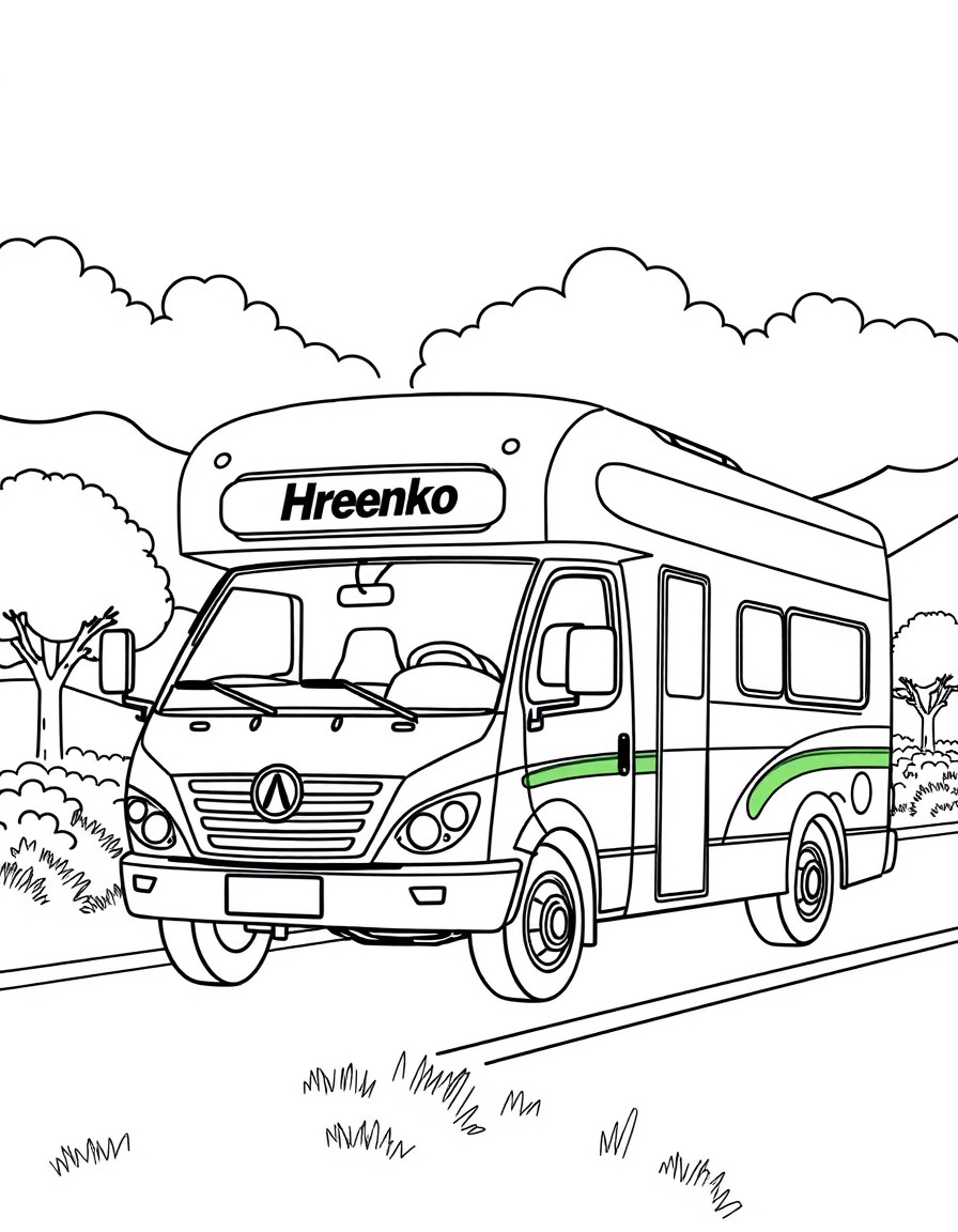 Un mnibus urbanonhecho motorhome, pintado de verde con peloteo blanco de diete de leon. Que en el frente diga "Henko". Yendo x lanruta en un paisaje hermoso y una familia de mam pap, nena de 11 aos y