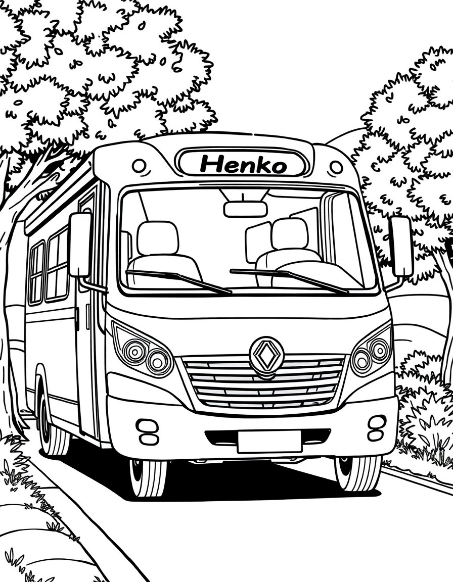 Un mnibus urbanonhecho motorhome, pintado de verde con peloteo blanco de diete de leon. Que en el frente diga "Henko". Yendo x lanruta en un paisaje hermoso y una familia de mam pap, nena de 11 aos y