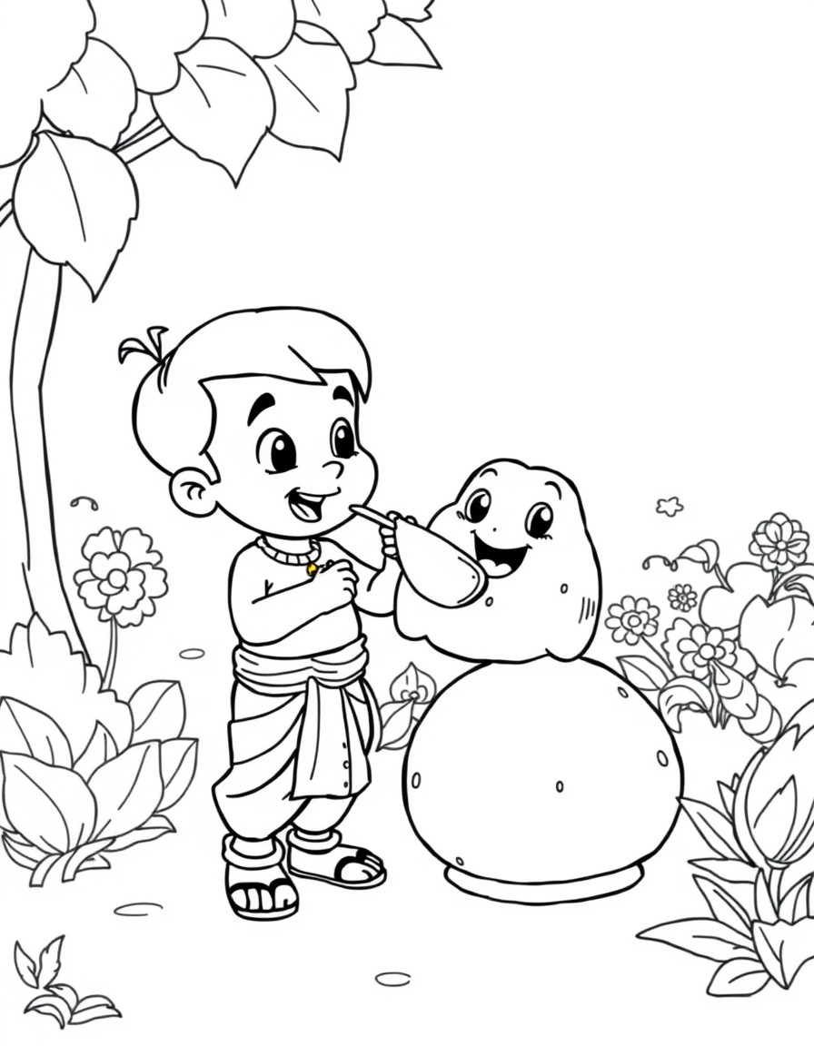 chota bheem cartoon character standing along with chutki in garden and eating big ladoo