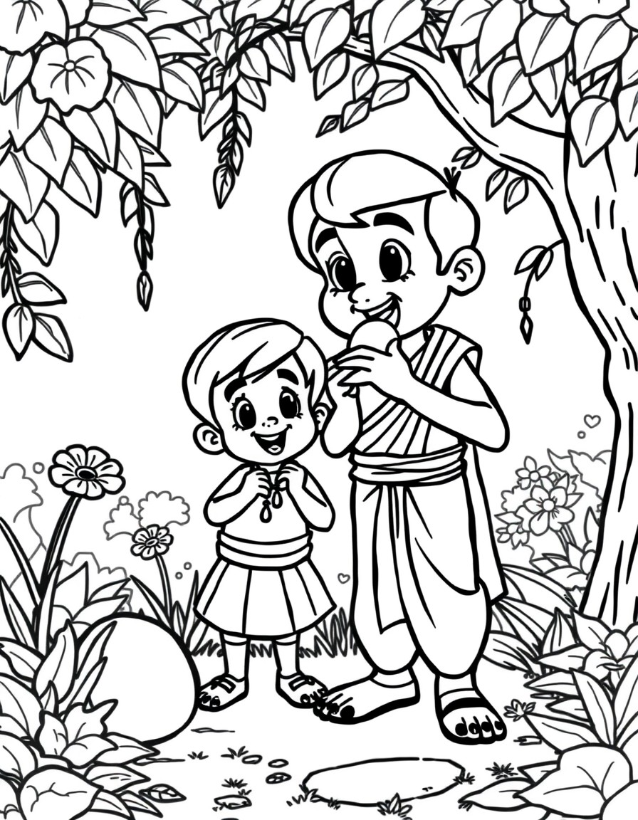chota bheem cartoon character standing along with chutki in garden and eating big ladoo