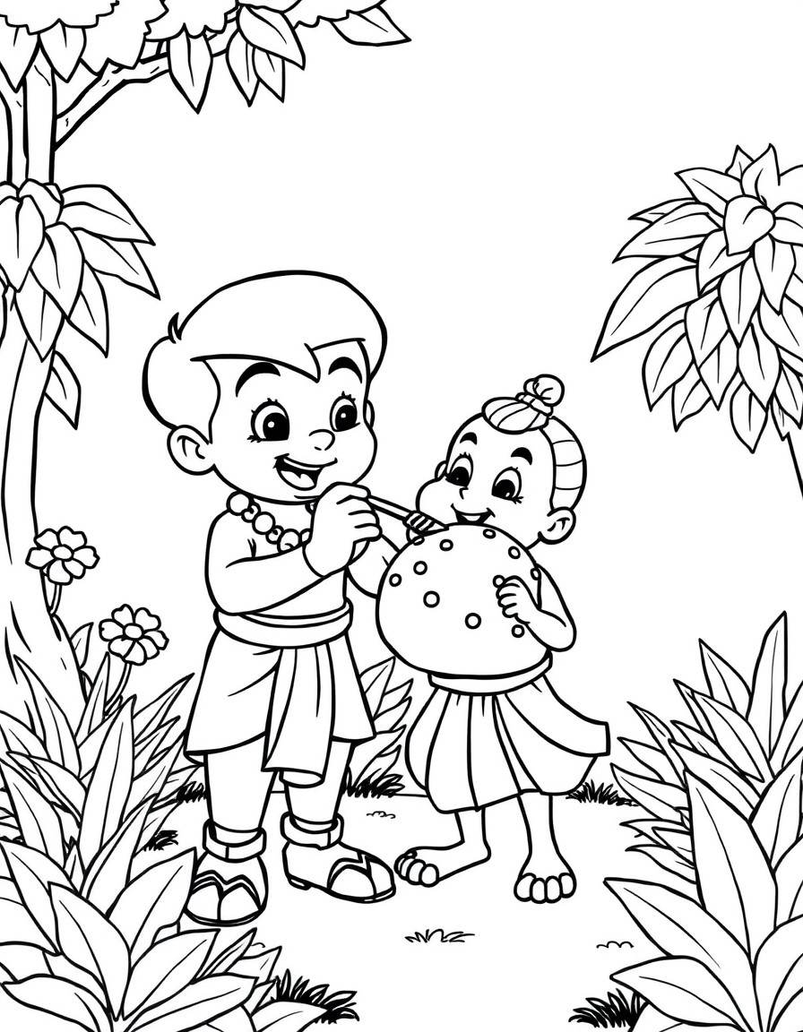 chota bheem cartoon character standing along with chutki in garden and eating big ladoo