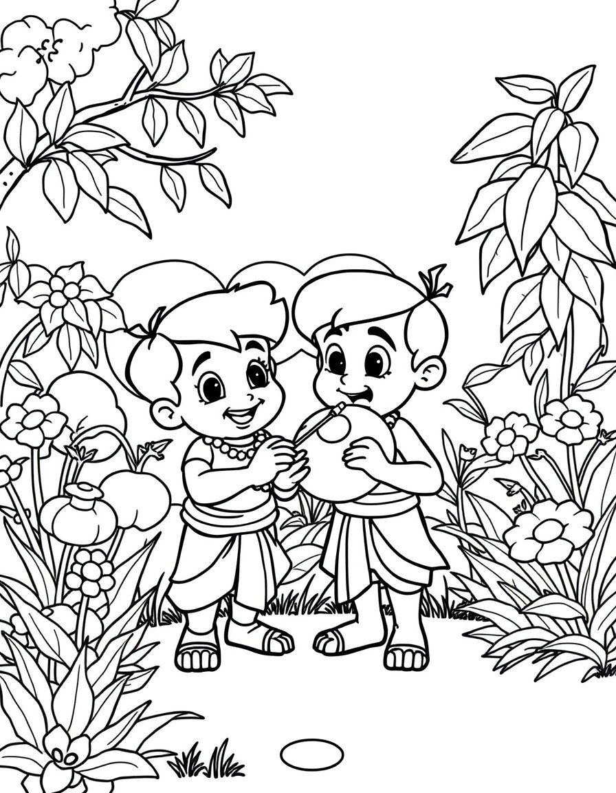 chota bheem cartoon character standing along with chutki in garden and eating big ladoo