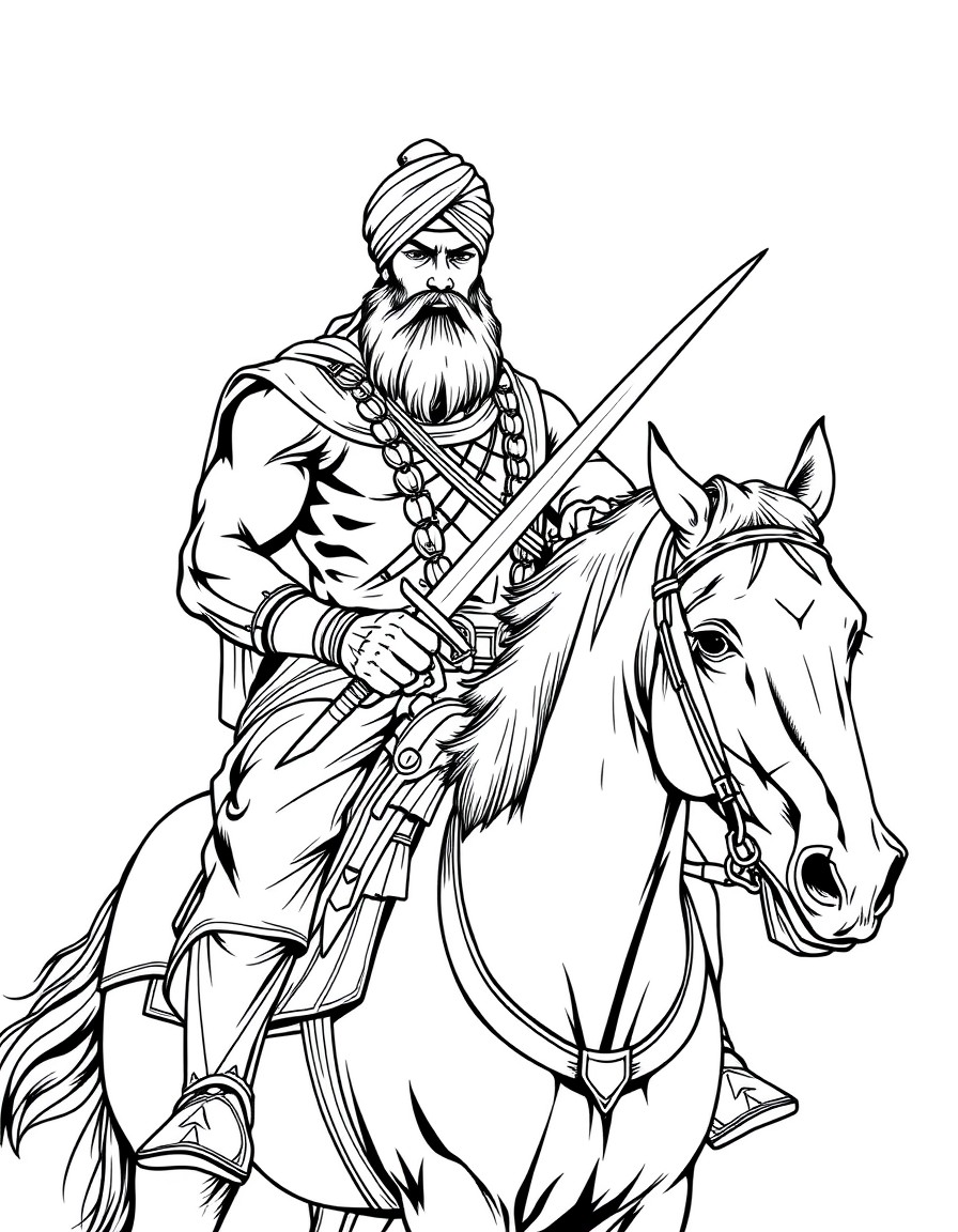 Sikh muscular soldier on a horse with sikh turban and a sharp sword in one hand and nishan sahib on his right arm