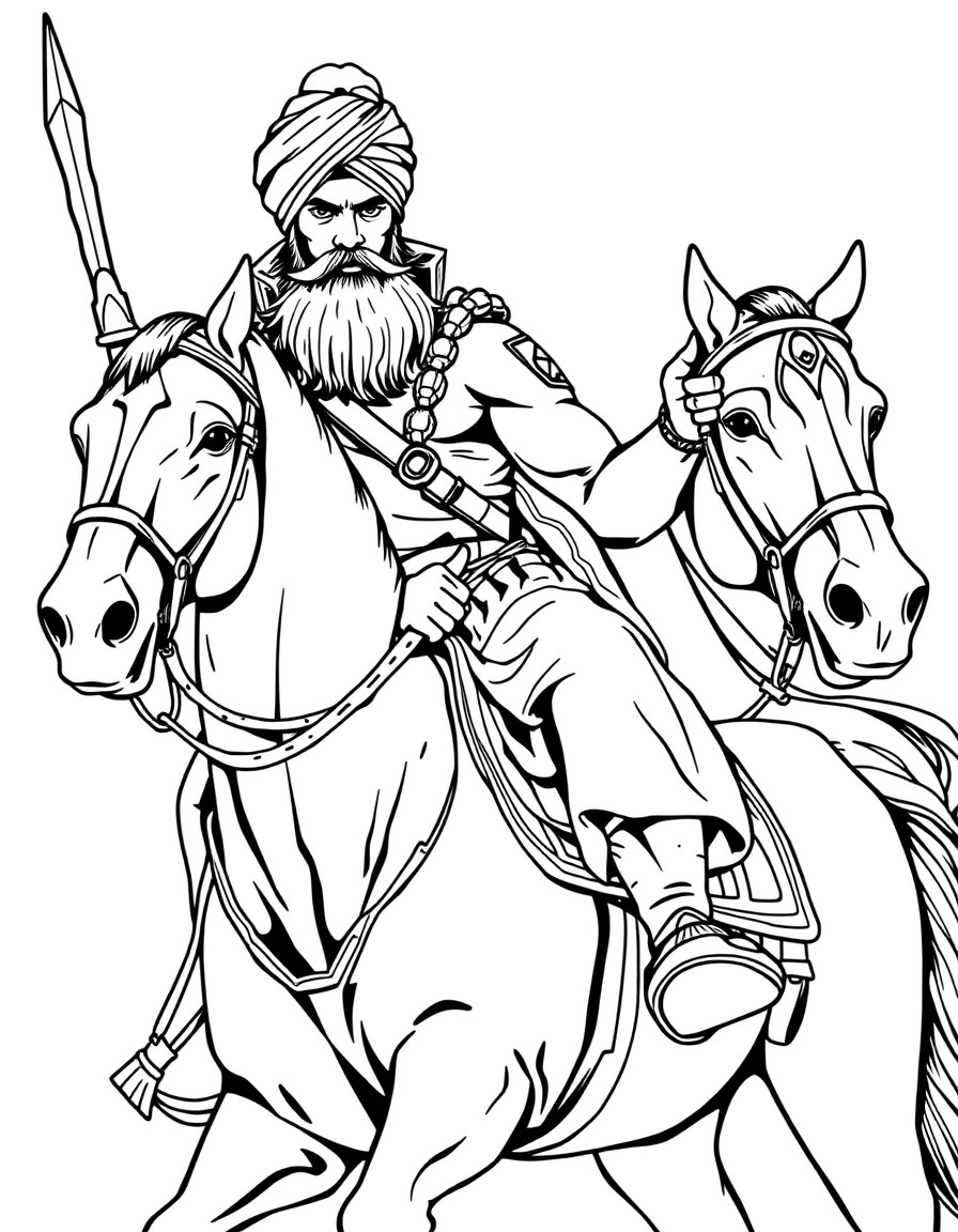 Sikh muscular soldier on a horse with sikh turban and a sharp sword in one hand and nishan sahib on his right arm