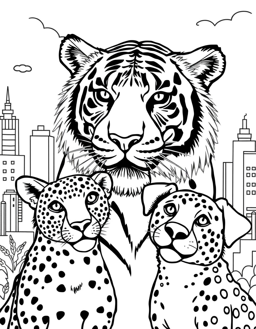 tiger, cheetah, and dog friends with a city background