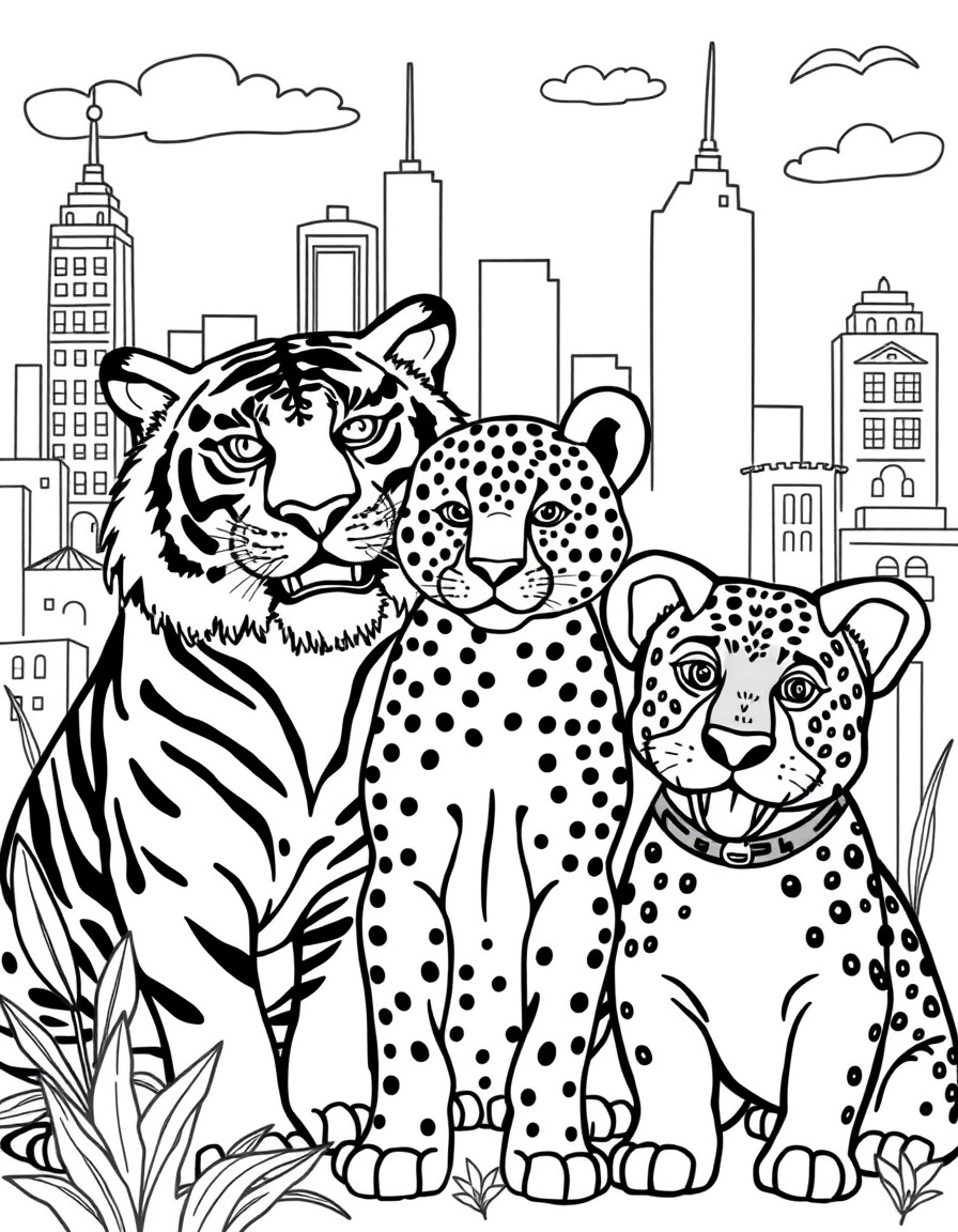 tiger, cheetah, and dog friends with a city background