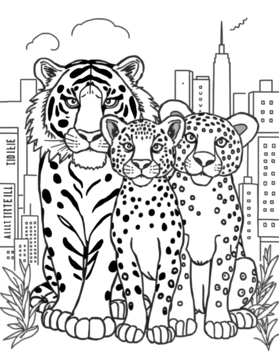 tiger, cheetah, and dog friends with a city background