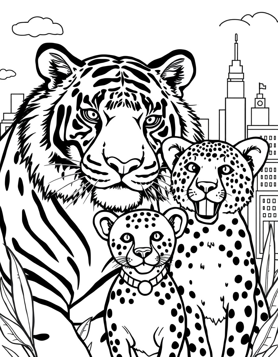 tiger, cheetah, and dog friends with a city background