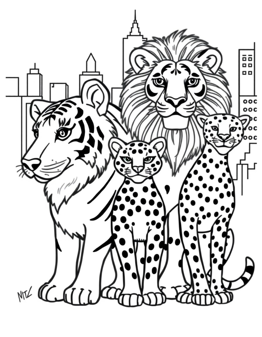 a dog, a tiger, a lion, and a cheetah friends with a city background