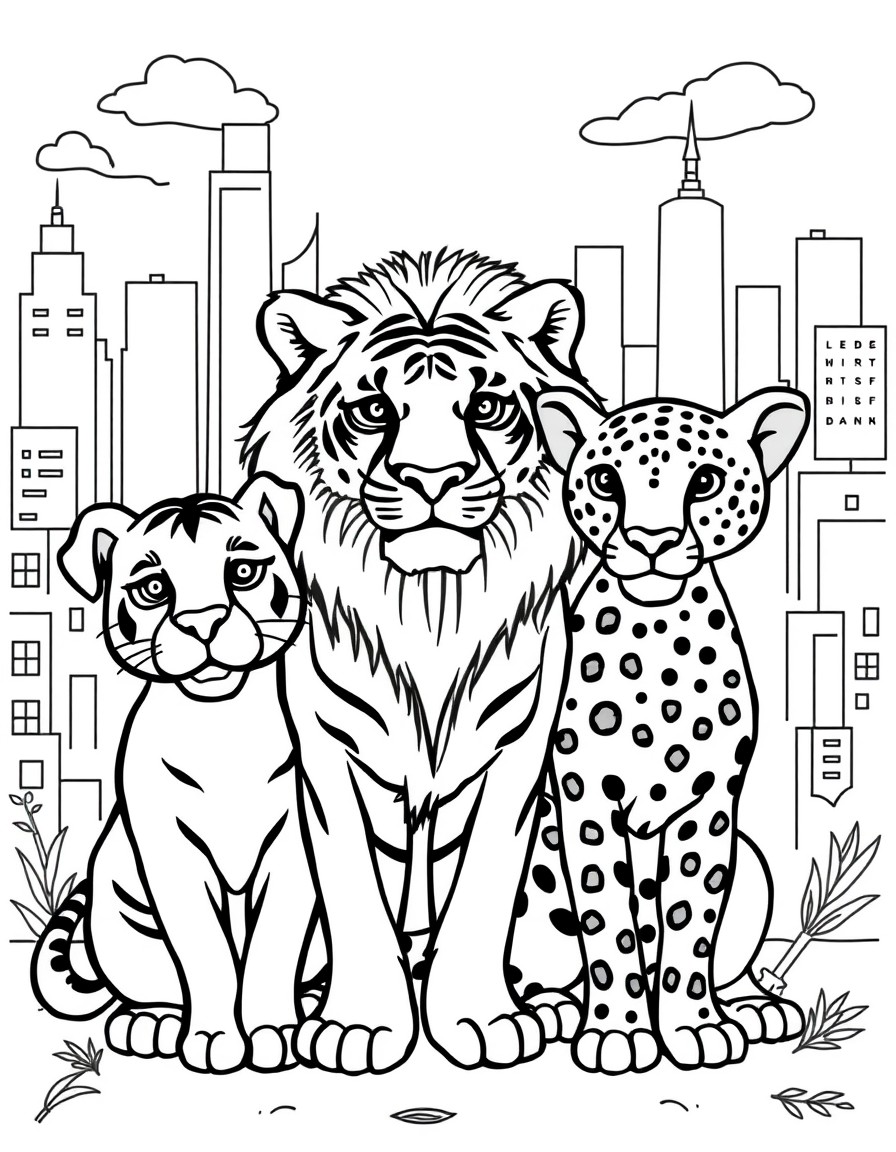 a dog, a tiger, a lion, and a cheetah friends with a city background