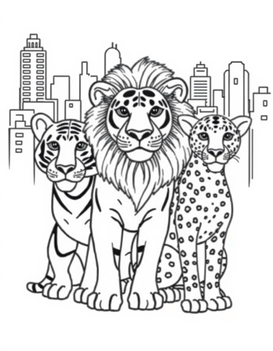 a dog, a tiger, a lion, and a cheetah friends with a city background