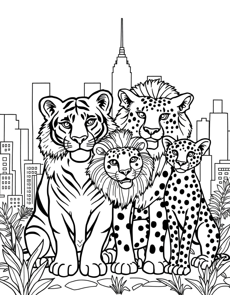 a dog, a tiger, a lion, and a cheetah friends with a city background