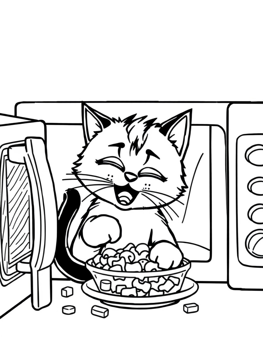 Naughty cat eating Mac and cheese from the microwave