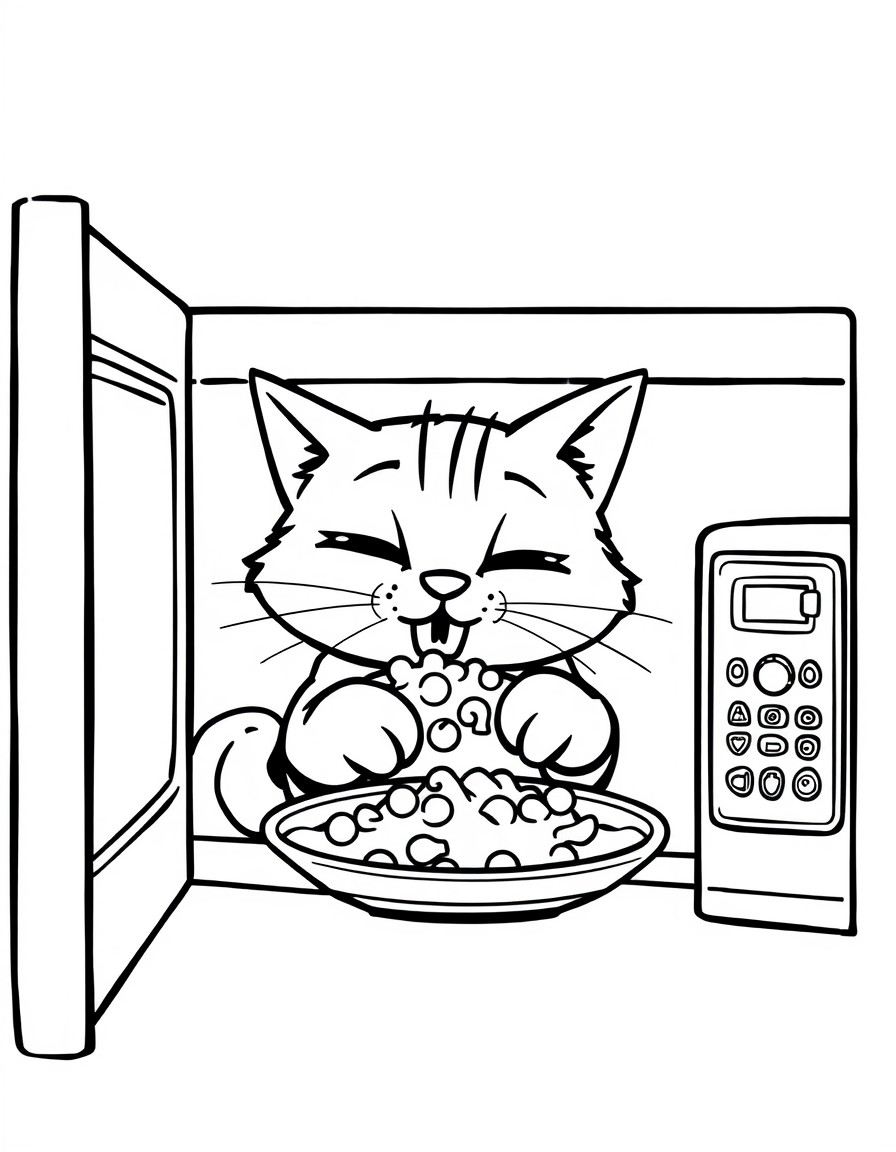 Naughty cat eating Mac and cheese from the microwave