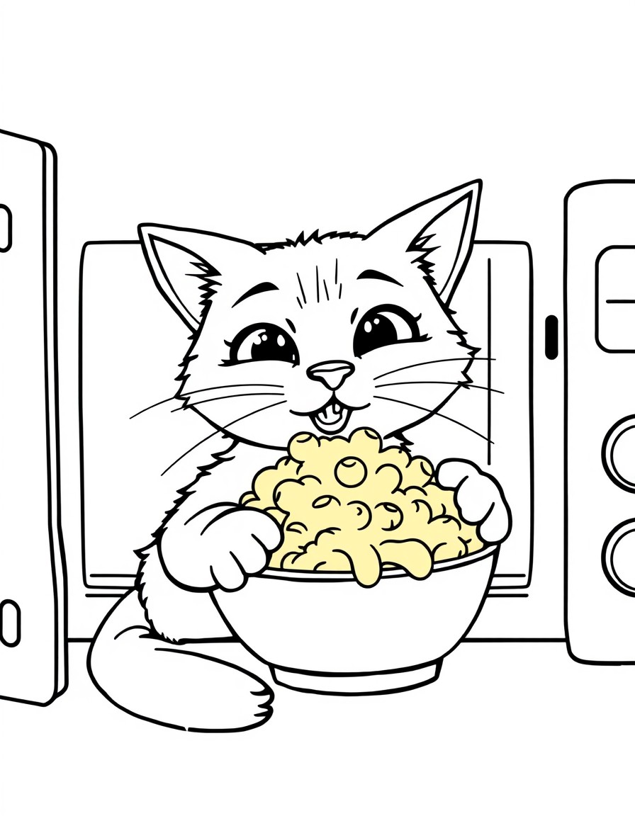 Naughty cat eating Mac and cheese from the microwave