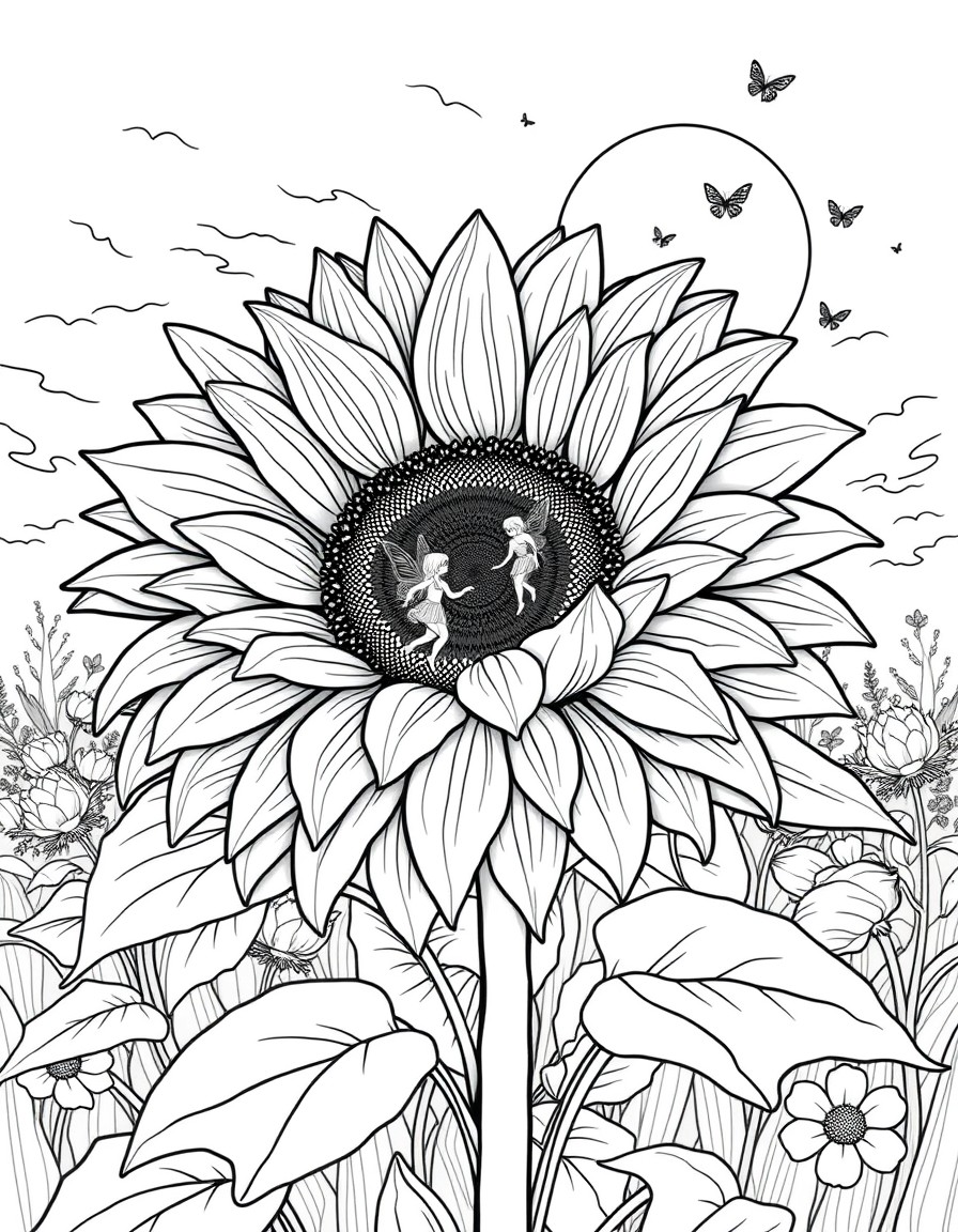 A giant sunflower flower blossom housing tiny fairies who dance around it at twilight
