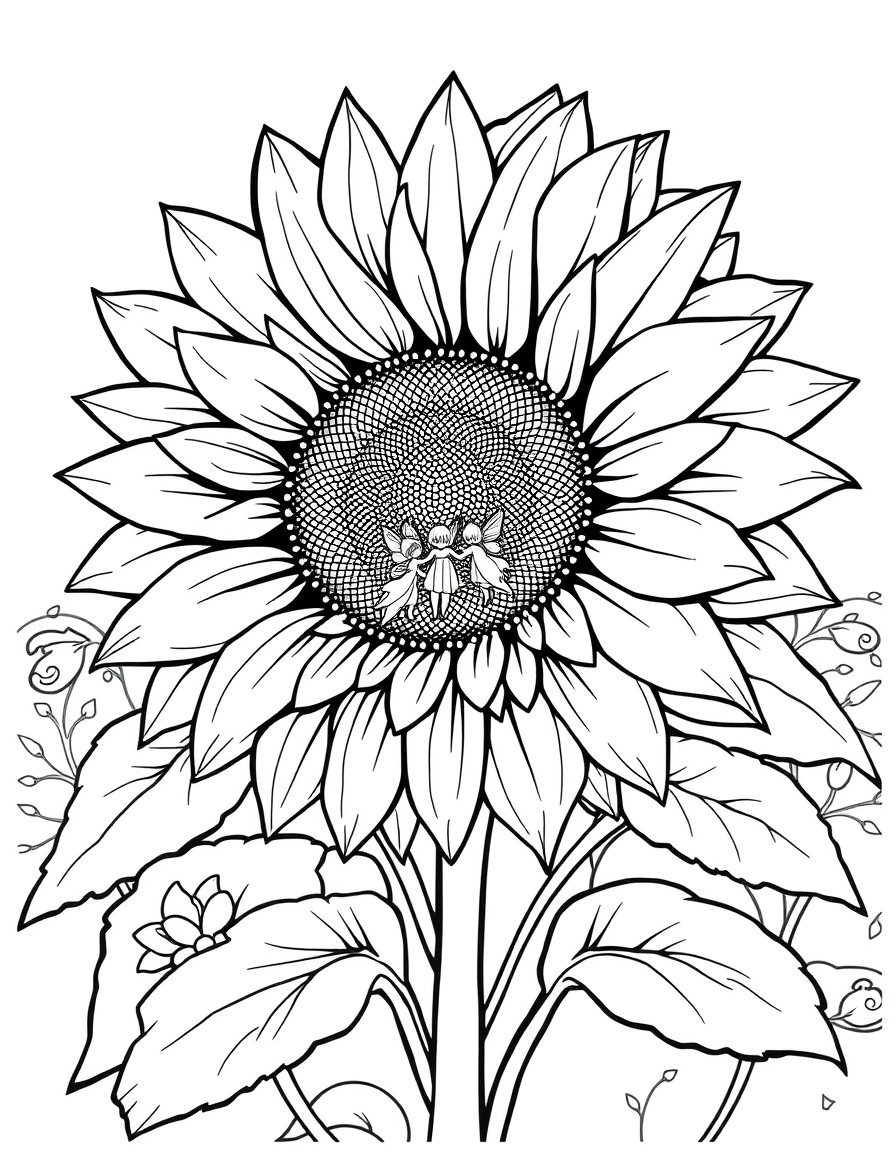 A giant sunflower flower blossom housing tiny fairies who dance around it at twilight