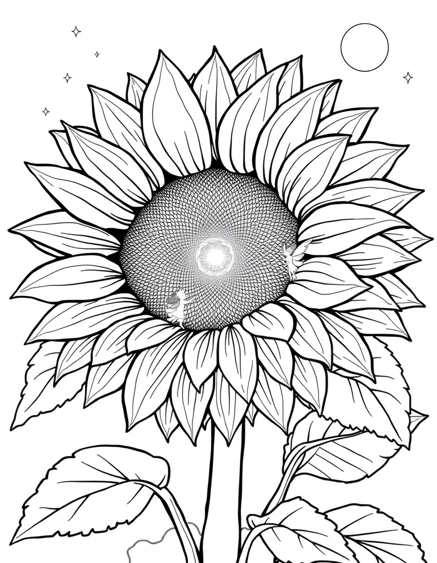 A giant sunflower flower blossom housing tiny fairies who dance around it at twilight