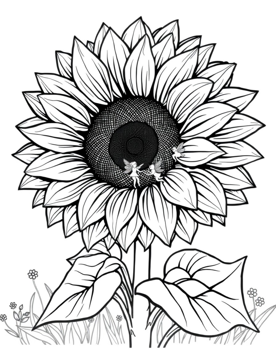 A giant sunflower flower blossom housing tiny fairies who dance around it at twilight