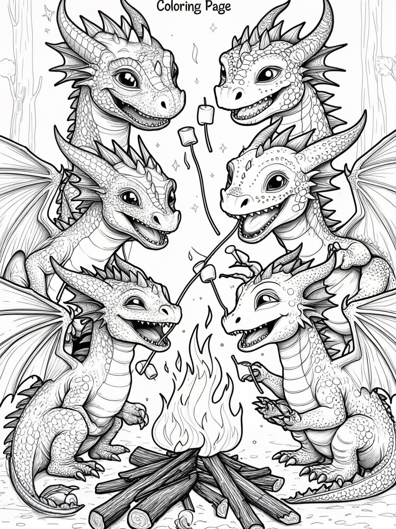 A squad of baby dragons roasting marshmallows and laughing having funaround a campfire