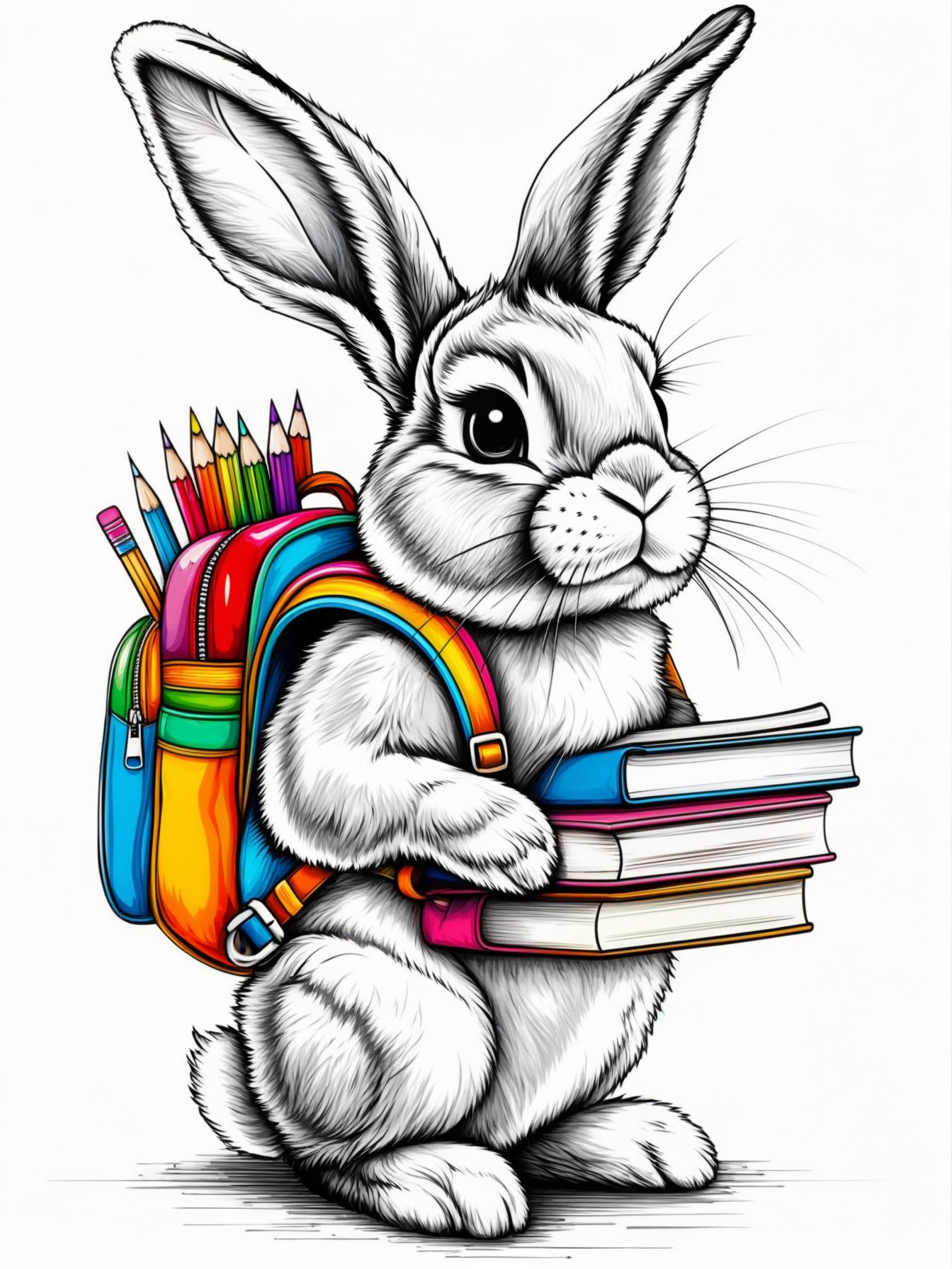 Create an image with cute rabbit with big floppy ears wearing a backpack