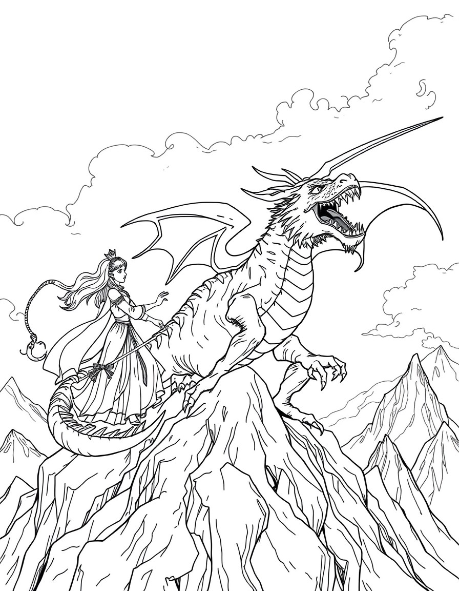 A princess fighting a dragon on a mountain