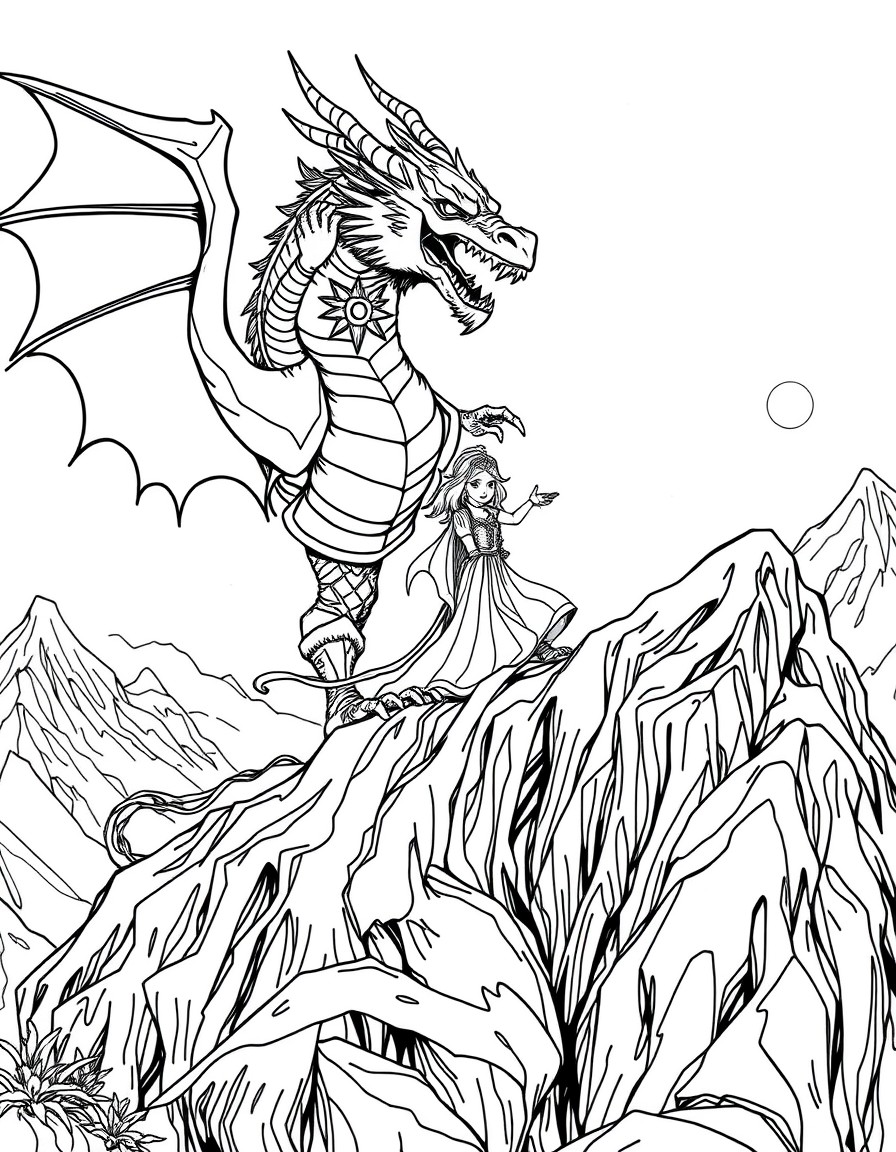 A princess fighting a dragon on a mountain
